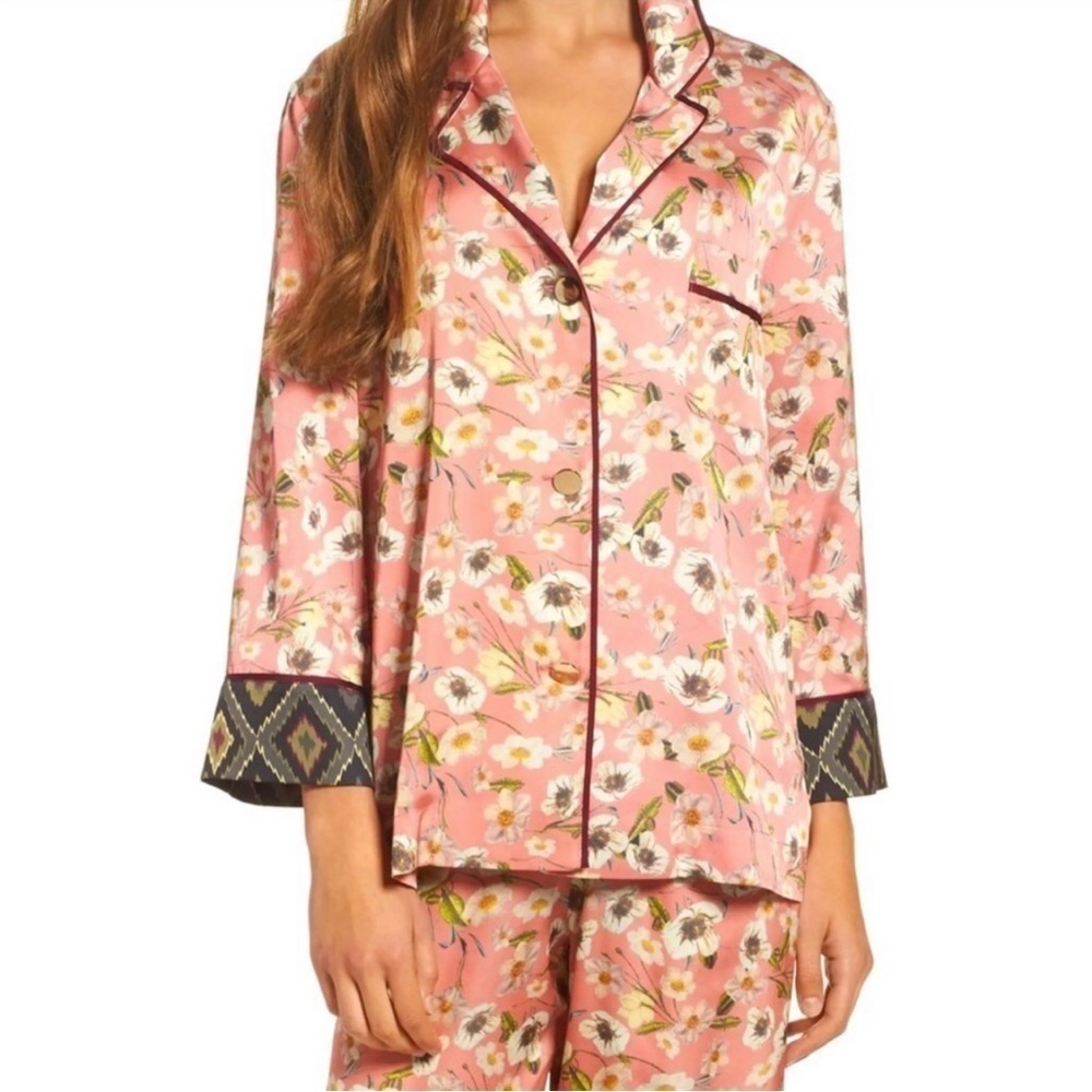 BED TO BRUNCH Floral Satin Pajama Top Pink M